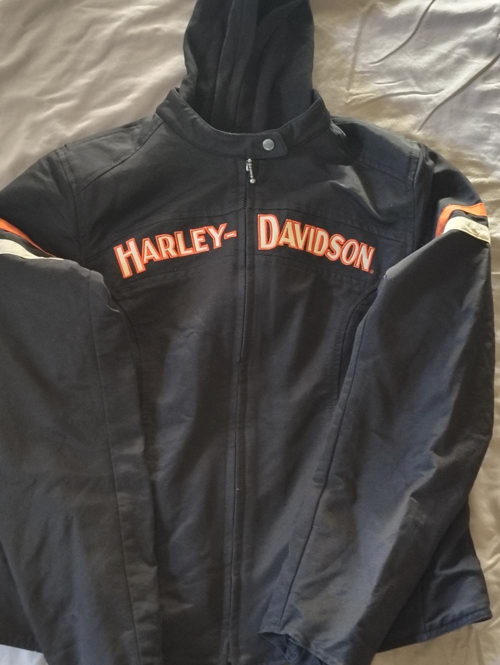 Harley-Davidson Black Jacket with Orange and Cream Stripe Accents